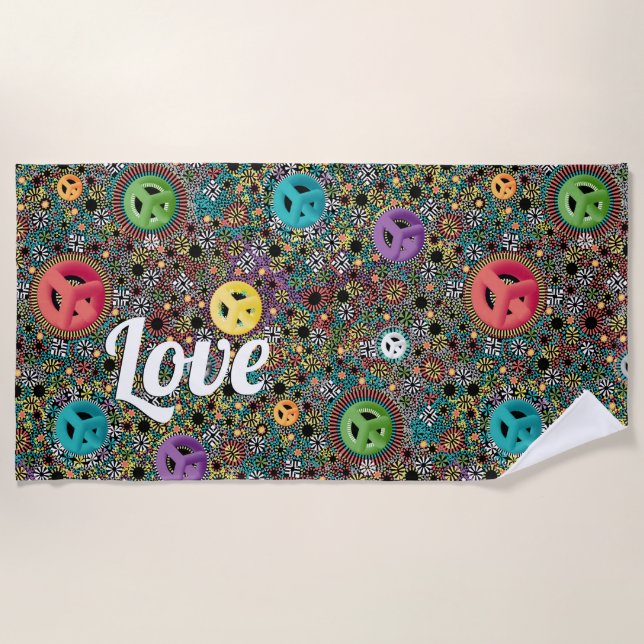 Retro Hippie Colourful Peace Sign 60s Pattern Beach Towel (Front)
