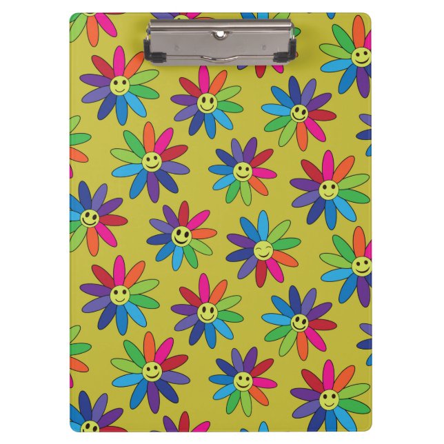 Retro  Hippie Colourful Smiling Flowers  Pattern Clipboard (Front)