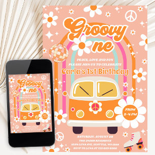 Retro Hippie Daisy Rainbow Groovy One 1st Birthday Invitation