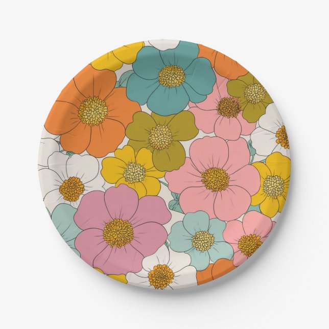 Retro Hippie Floral  Paper Plate (Front)