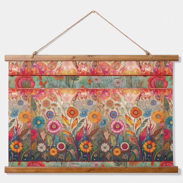 Retro Hippie: Floral Patchwork Wall Hanging Tapestry (Front)