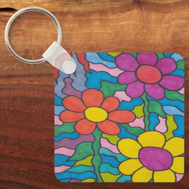 Retro Hippie Flower Art  Key Ring (Front)