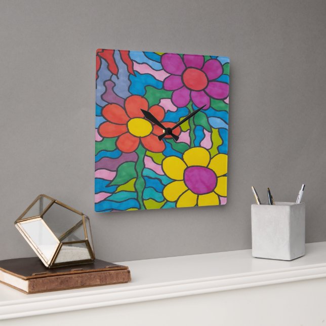 Retro Hippie Flower Art  Square Wall Clock (Office)