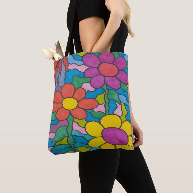 Retro Hippie Flower Art Tote Bag (Close Up)