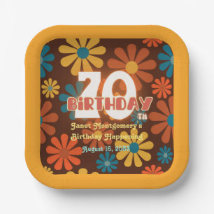 Retro Hippie Flower Personalised 70th Birthday Paper Plate
