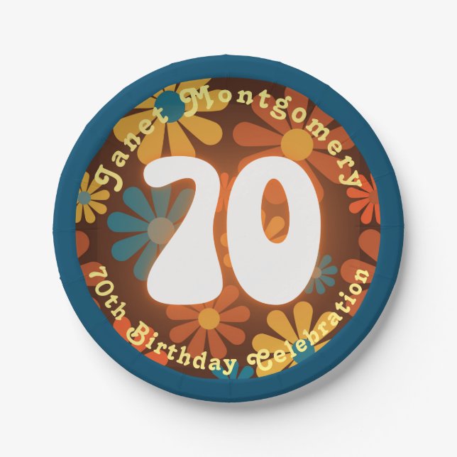 Retro Hippie Flower Power 70th Birthday  Paper Plate (Front)