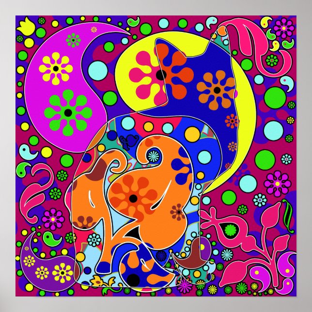 Retro Hippie Flower Power Colourful Cat Poster (Front)