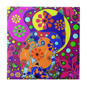 Retro Hippie Flower Power Paisley Cat Pop Art Tile