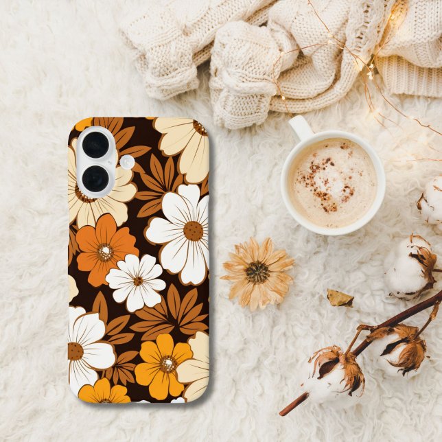 Retro Hippie Flowers Beige Yellow Brown Orange Case-Mate iPhone Case (Retro Groovy Hippie Flowers Florals iPhone case in brown, yellow, orange white)