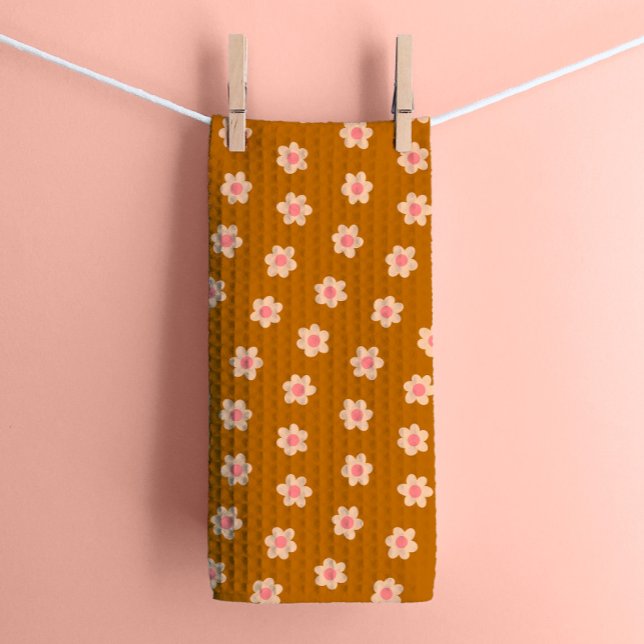 Retro Hippie Flowers on Camel Brown Tea Towel (Creator Uploaded)