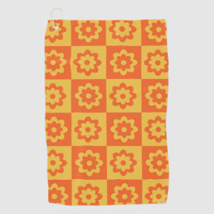 Retro Hippie Flowers on Chequerboard Yellow Orange Golf Towel