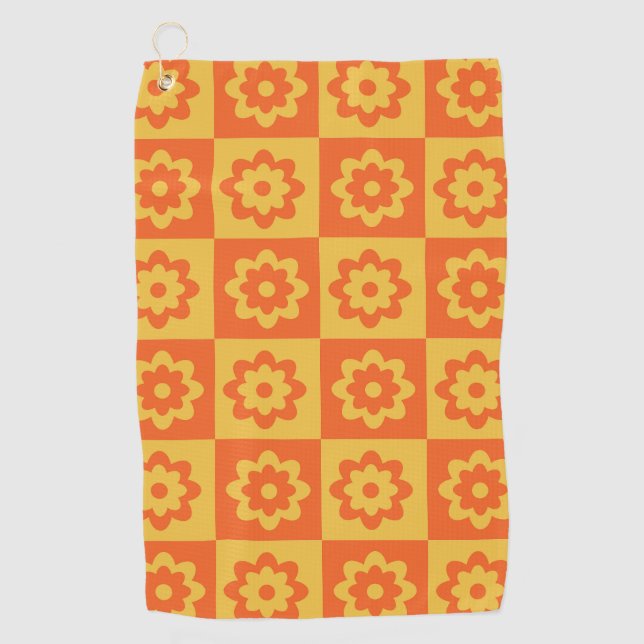 Retro Hippie Flowers on Chequerboard Yellow Orange Golf Towel (Front)