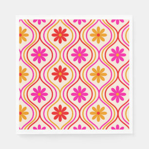 Retro Hippie Flowers on Red Orange Pink Ogee  Napkin