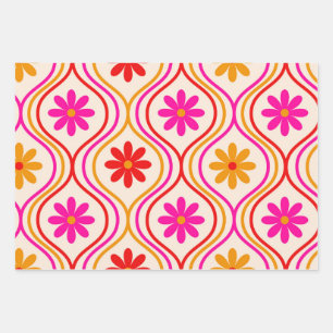Retro Hippie Flowers on Red Orange Pink Ogee  Wrapping Paper Sheet