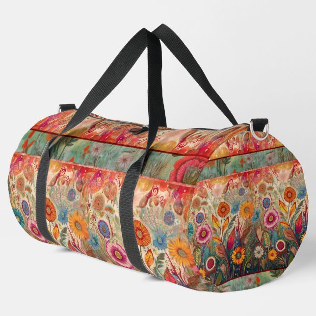 Retro Hippie: Folk Art Garden Duffle Bag (Left Corner)