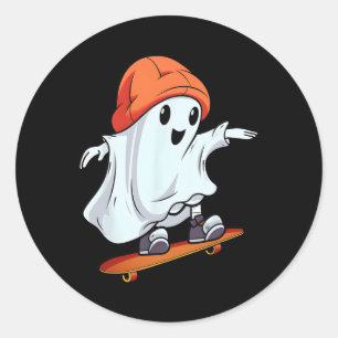 Retro Hippie Ghost Skateboarder Skateboard Hallowe Classic Round Sticker