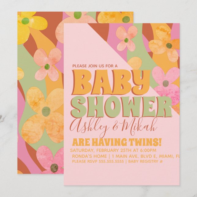 Retro Hippie Groovy Flower Baby Shower Invitation (Front/Back)