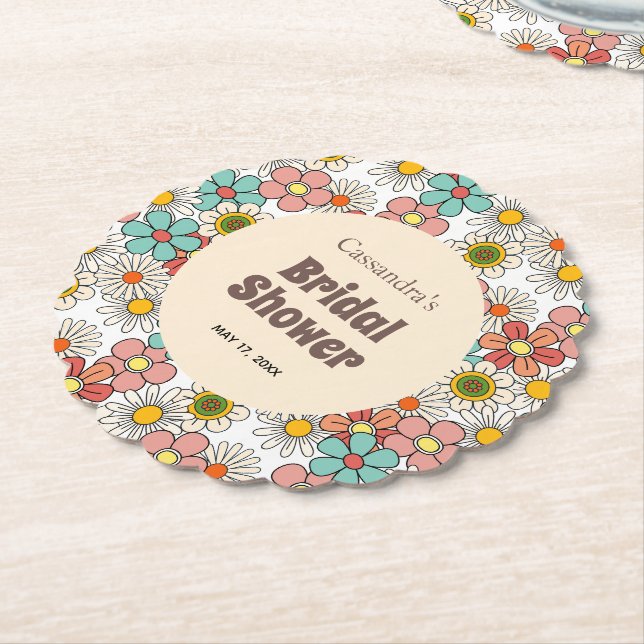 Retro Hippie Groovy Flower Bridal Shower  Paper Coaster (Angled)
