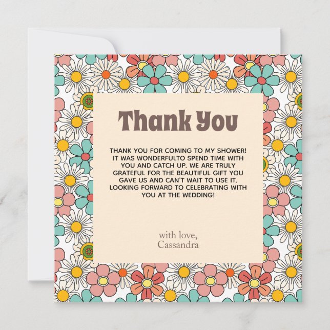 Retro Hippie Groovy Flower Bridal Shower Thank You Card (Front)