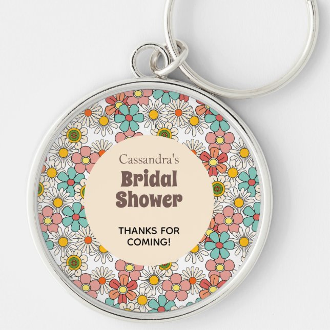 Retro Hippie Groovy Flower Bridal Shower Thank You Key Ring (Front)
