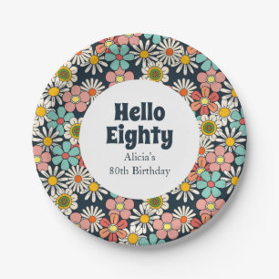 Retro Hippie Groovy Flower Hello Eighty Birthday Paper Plate