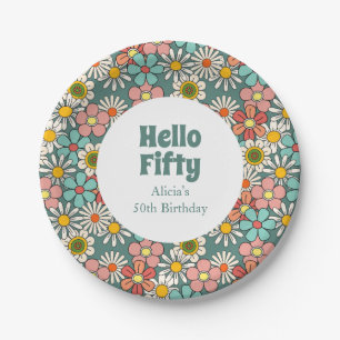 Retro Hippie Groovy Flower Hello Fifty Birthday Paper Plate