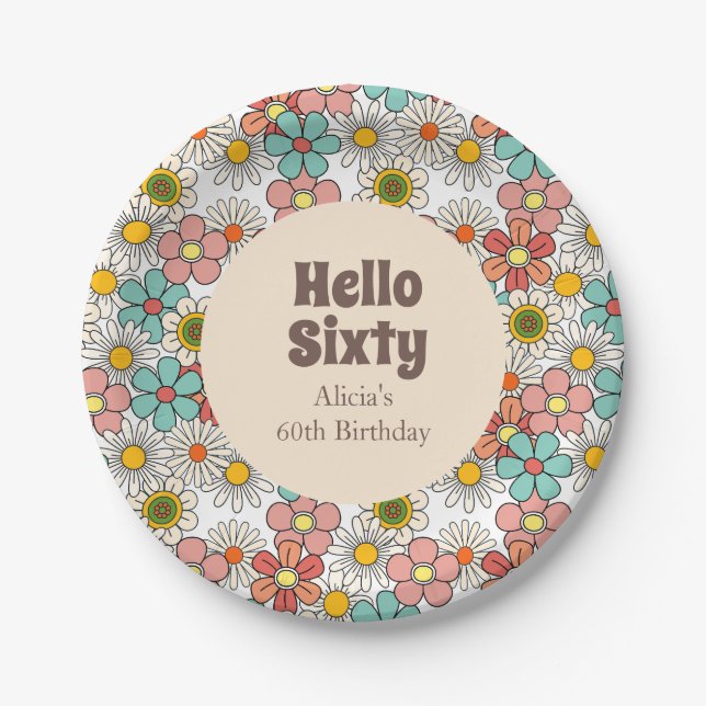 Retro Hippie Groovy Flower Hello Sixty Paper Plate (Front)