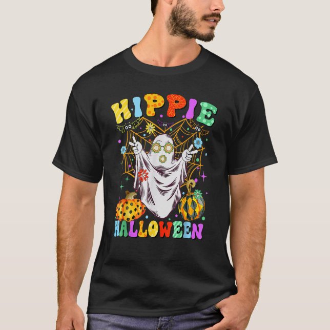 Retro Hippie Halloween Ghost Boo Peace Sign Spooky T-Shirt (Front)