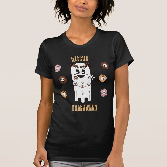 Retro Hippie Halloween Ghost & Flower Skulls T-Shirt (Front)