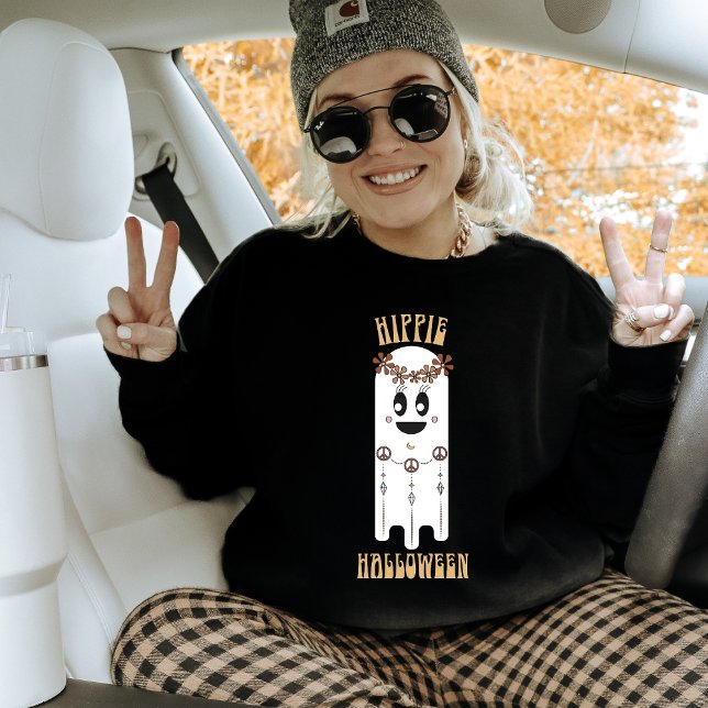 Retro Hippie Halloween Ghost Sweatshirt (Hippie Halloween Black Sweatshirt by Awakening Graphics featuring a cute ghost with a flower crown.)