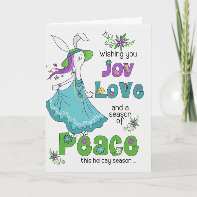 Retro Hippie Joy Love and Peace Holiday Bunny (Front)