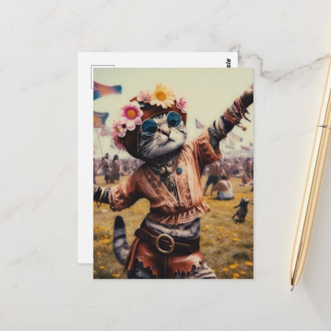 Retro Hippie Kitty Postcard (Front/Back In Situ)