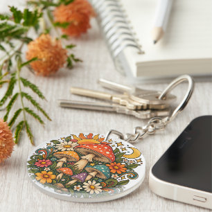 Retro Hippie Mushroom & Wildflower Illustration - Key Ring