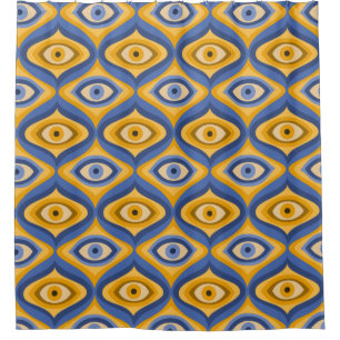 Retro Hippie Pattern - Psychedelic Eye Yellow Blue Shower Curtain