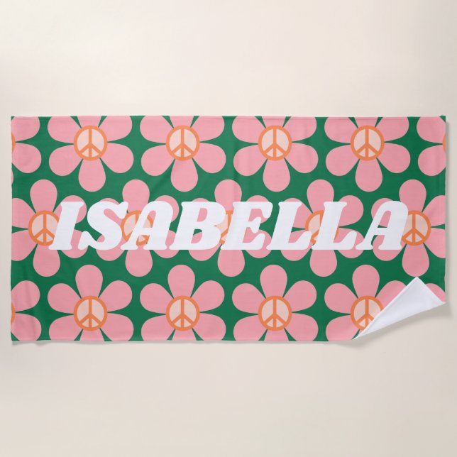 Retro Hippie Peace Flower Green Personalised Name Beach Towel (Front)