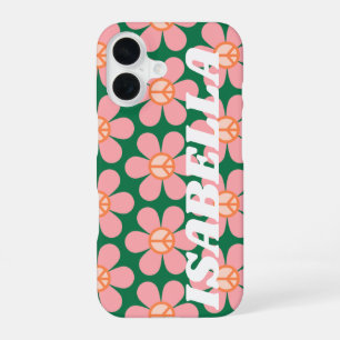 Retro Hippie Peace Flower Green Personalised Name iPhone 16 Case