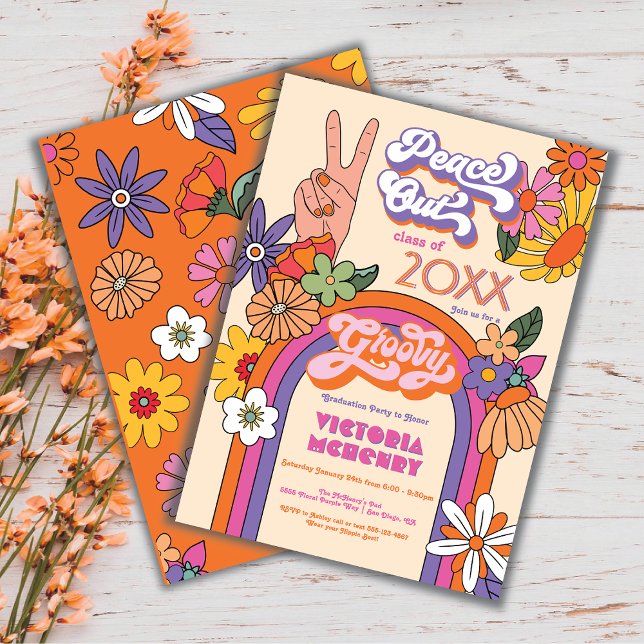 Retro Hippie Peace Out Graduation Party Invitation (Creator Uploaded)