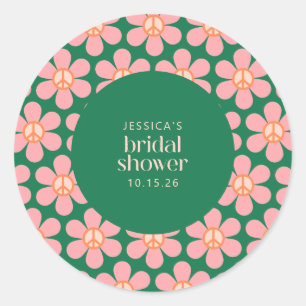 Retro Hippie Peace Sign Flower Green Pink Shower  Classic Round Sticker