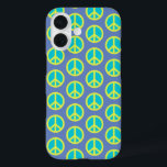 Retro Hippie Peace Sign Pattern in Blue   iPhone 16 Case<br><div class="desc">Retro Hippie Peace Sign Pattern in Blue Phone Case</div>