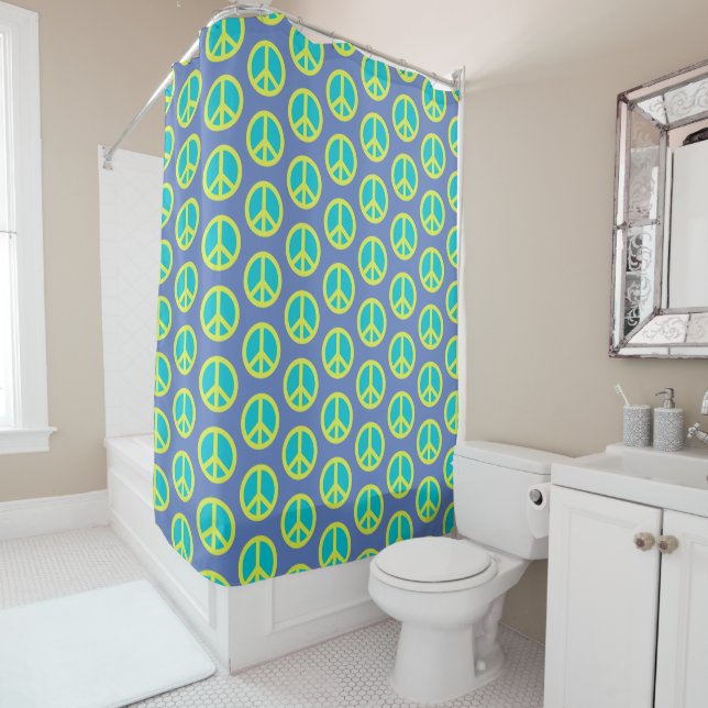 Retro Hippie Peace Sign Pattern in Blue   Shower Curtain (In Situ)