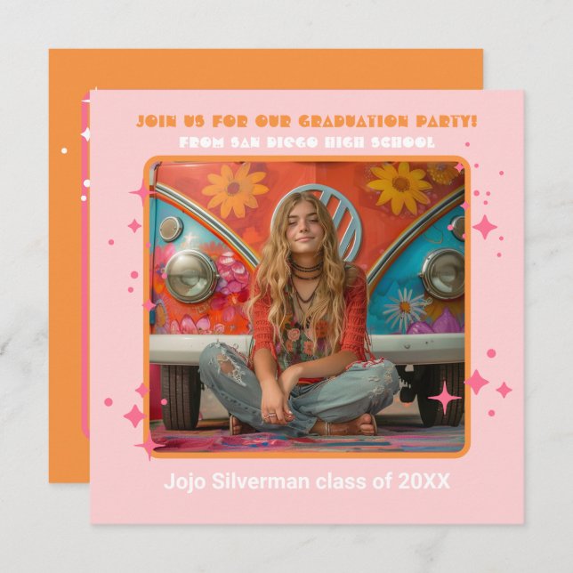 Retro Hippie Photo Graduation Party Pink orange Invitation (Front/Back)