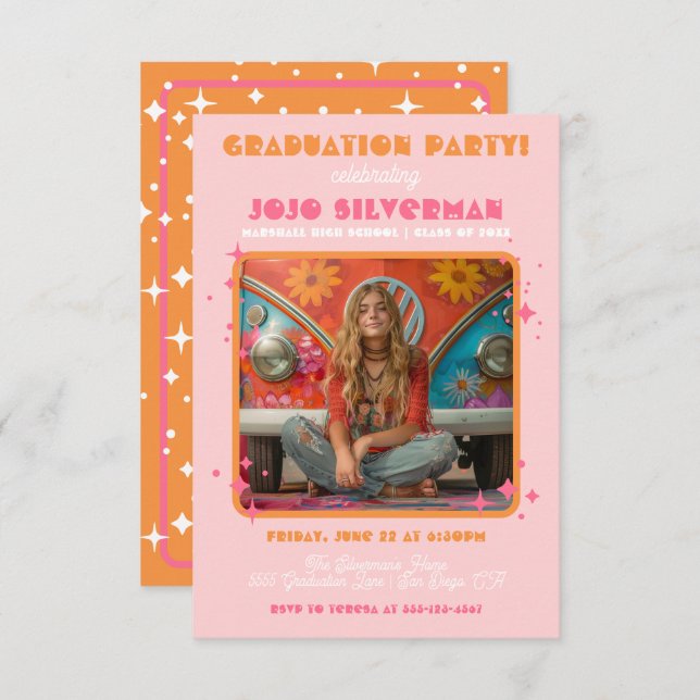 Retro Hippie Photo Graduation Party Pink orange Invitation (Front/Back)