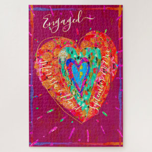 Retro Hippie Pink Turquoise Heart Engaged Jigsaw Puzzle