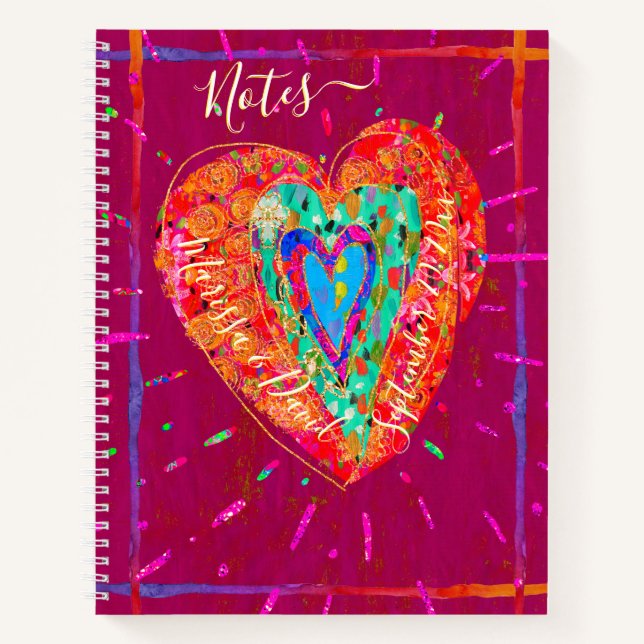 Retro Hippie Pink Turquoise Heart Notes Notebook (Front)
