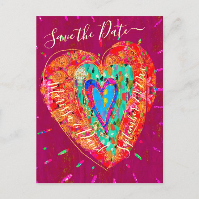 Retro Hippie Pink Turquoise Heart Save the Date Announcement Postcard (Front)