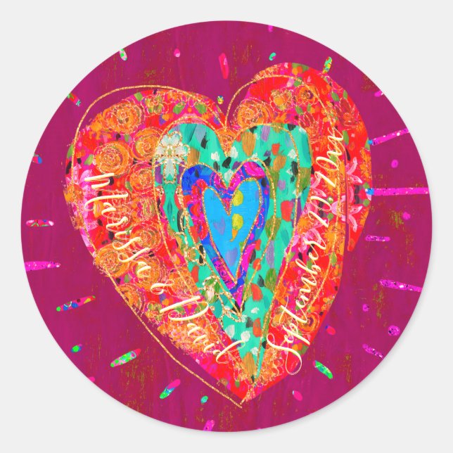 Retro Hippie Pink Turquoise Heart Save the Date Classic Round Sticker (Front)