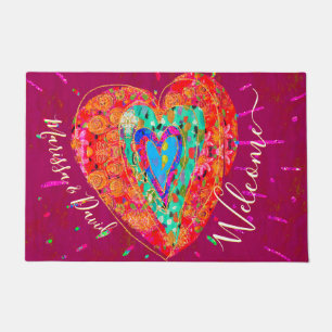 Retro Hippie Pink Turquoise Heart Valentines Day Doormat