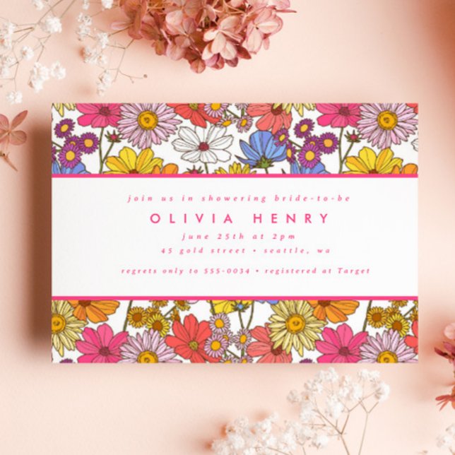 Retro Hippie Rainbow Flower Garden Bridal Shower Invitation (Creator Uploaded)