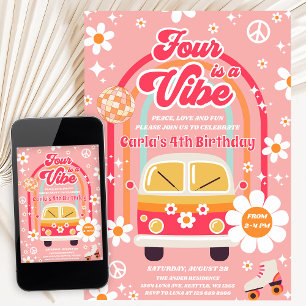 Retro Hippie Rainbow Four Is A Vibe 4th Birthday Invitation