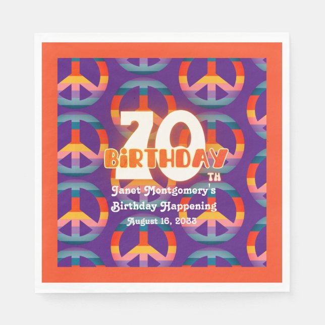 Retro Hippie Rainbow Peace Sign 70th Birthday  Napkin (Front)